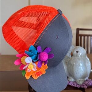 Gray & Orange Mesh Trucker Hat with Colorful hand crafted one of a kind flowers